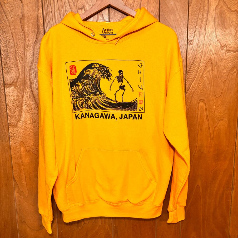 Artist Union Kanagawa Japan Hoodie Yellow Skeleton Wave Graphic Men’s Medium